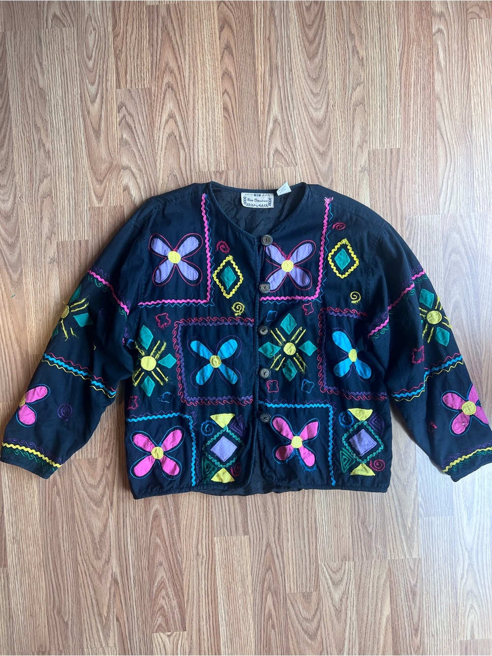 Vintage new directions Black Embroidered patchworMulti-Color Button-Front Jacket